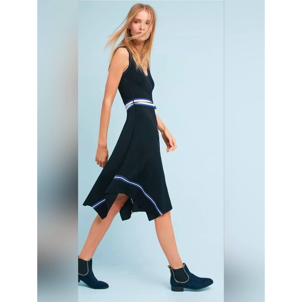 Maeve Womens Black Blue Striped Trim Knit Faux Wrap Midi Dress Sleeveless Medium